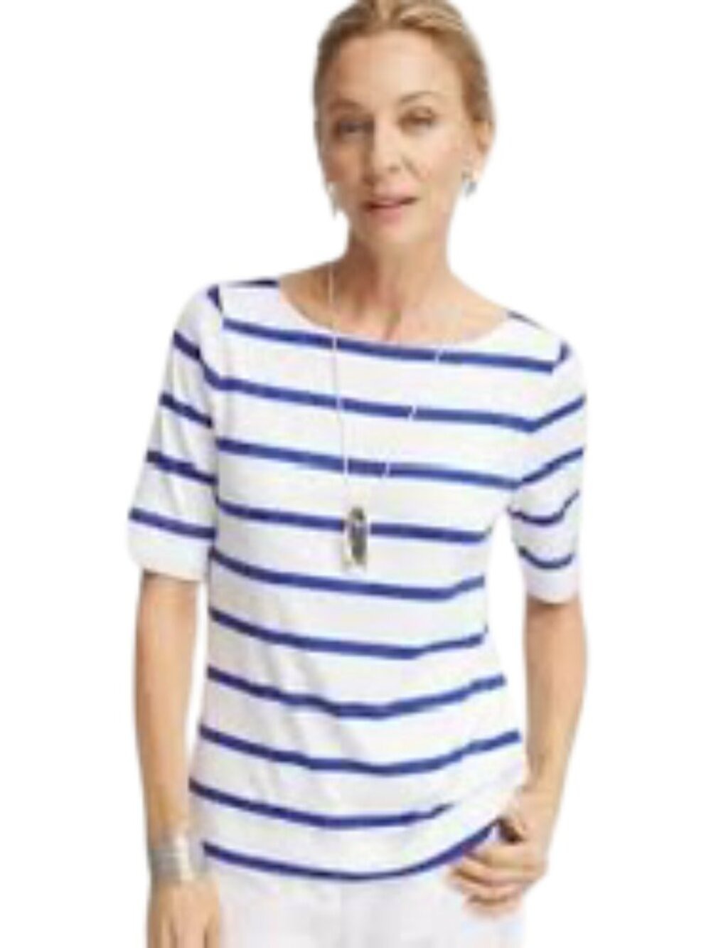 Chico's NWT Pima Cotton Blue White Stripe Bateau Neckline T-Shirt Size XL